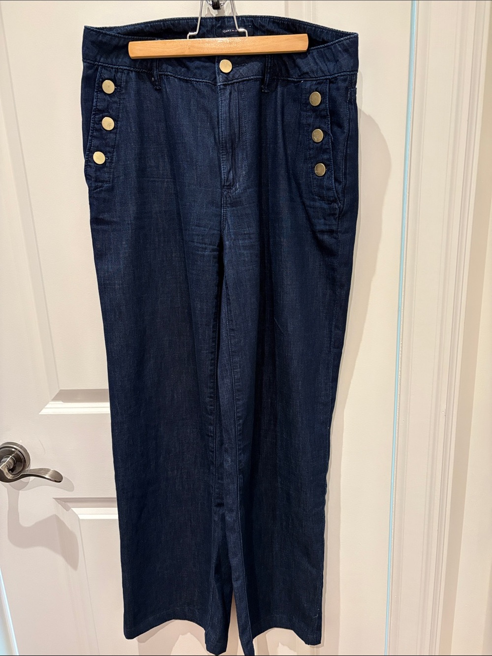 Tommy Hilfiger Dark Blue High-Rise Wide Leg Jeans with Gold Buttons